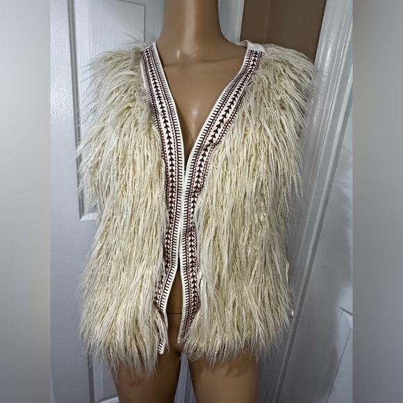 Flying Tomato Tops - 271 Flying Tomato Cream Faux Fur Vest Brown Rust Aztec Pattern Embroidery large